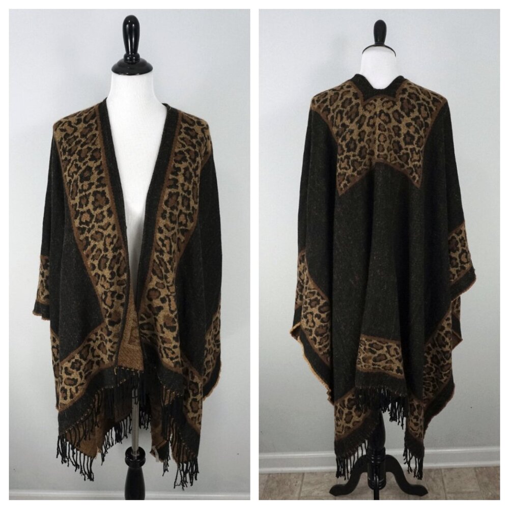 Soft Surroundings Brown Tan Animal Print Tassel Soft Acrylic Knit Shawl One Size
